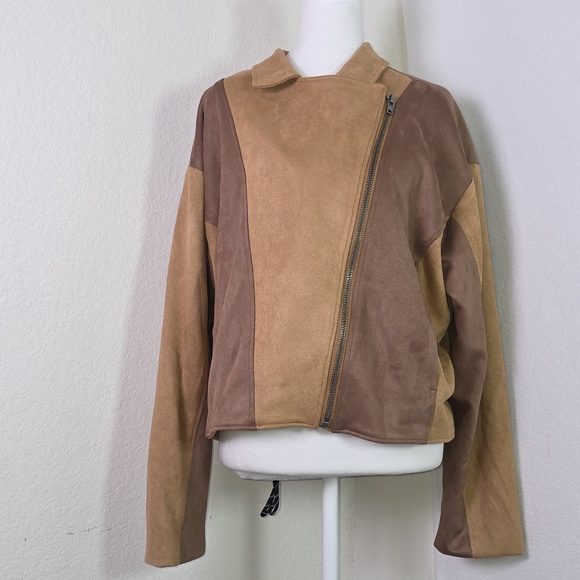 Promesa Faux Suede Colorblock Moto Jacket Women’s Lg Brown Tan Asymmetrical Zip - Picture 1 of 14